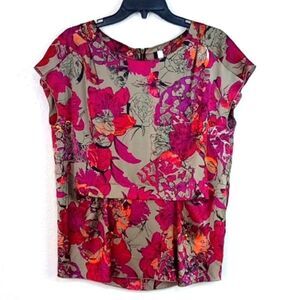 Kensie Women Floral Cap Sleeve Scoop Neck Top Sz L